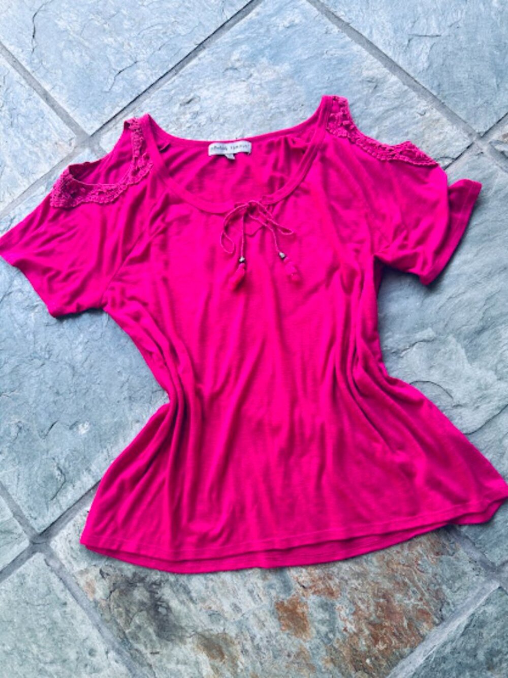 Pink Rose Cold-Shoulder Lace Trim Tie-Front Top (Hot Pink / Magenta)